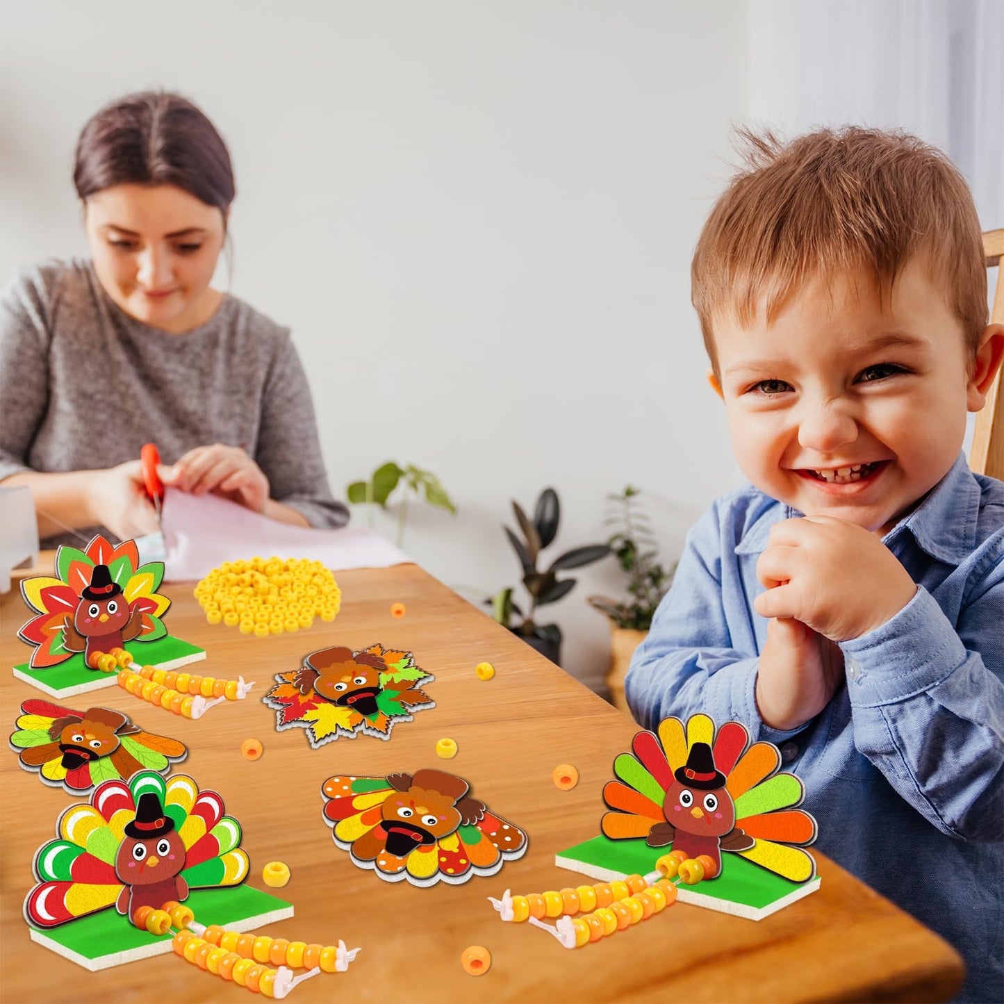 Moon Boat 28 Sets Thanksgiving Crafts for Kids - DIY Fall Felt Turkey with Beads Kit, Bulk for Autumn, Holiday, Halloween Art Ac