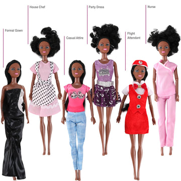 6 Set of African American Black Toy Dolls - 11.5 enhanced Fashion Style Diversity Role Play Dolls Bundle Variety Pack for Kids Girls Party Favors