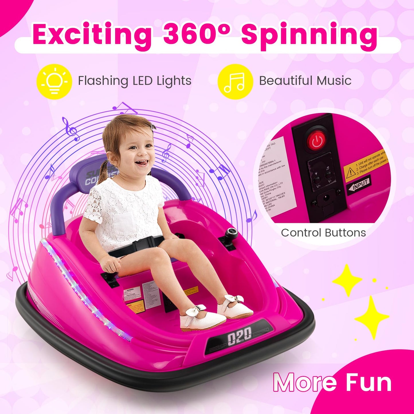 Olakids Bumper Car For Toddlers, 12V Kids Electric Ride On Toy With Remote Control, Battery Powered Vehicle Racer For Baby, 360 Degree Spin Rotation, Colorful Flashing Led Lights, Music (Pink)