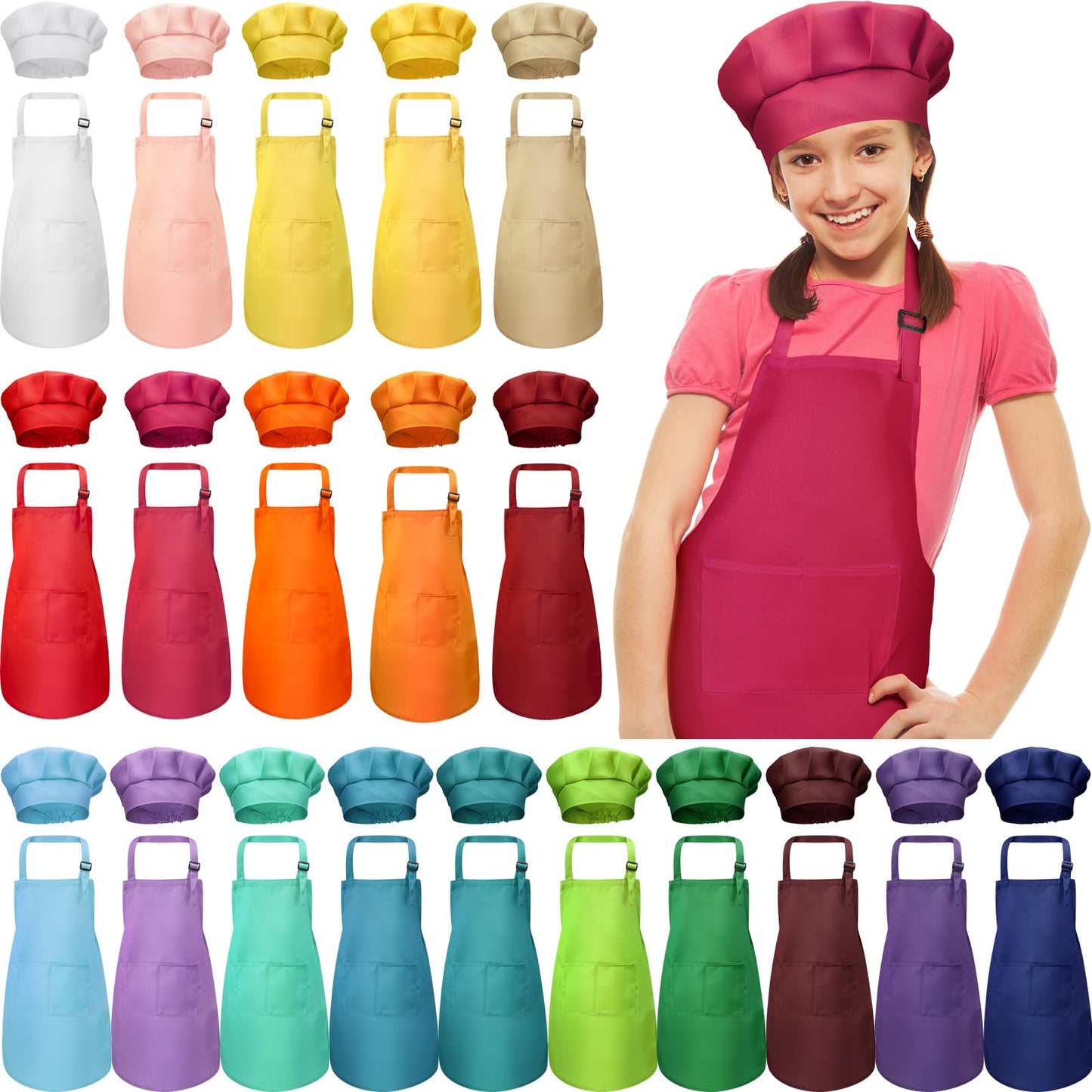 40 Pcs Kids Apron Chef Hat Set Boys Girls Aprons Chef Apron Hats Bulk for Cooking Painting Children's Bib Apron 7-13 Years (Mixe