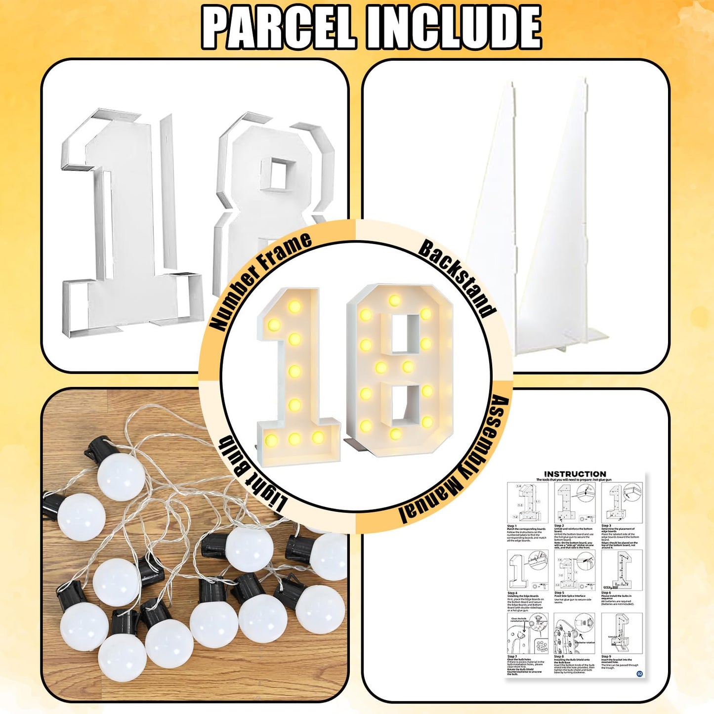 4Ft Light Up Numbers 18 Marquee Mosaic Numbers Frame For 18Th Birthday Party Large Cardboard With Light Bulbs Pre-Cut Kit Giant Cut-Out Thick Foam Board Sign Diy Boys Girls Decorations Anniversary