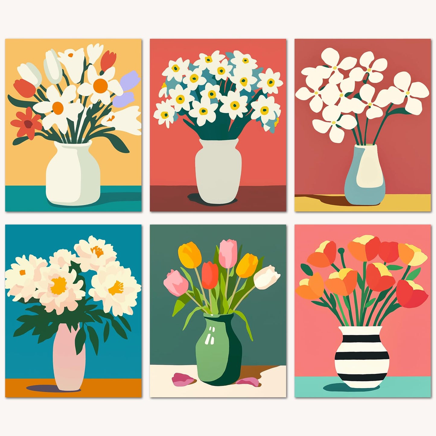 Bougimal 6 Pack Paint by Numbers Kit for Beginners, 11 W x 14 L Flower Vase 3 DIY Acrylic Paint Set on Canvas Without Frame in B