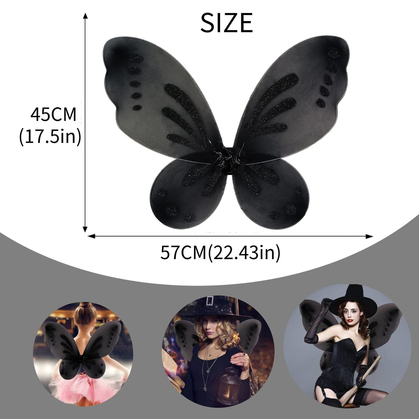 Nenmatte Fairy Girls Wings,Fairy Butterflyl Wings For Halloween Costume,Birthday Dress Up Party Favor (Black)