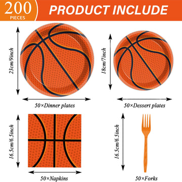 Zoiiwa 200 Pcs Basketball Birthday Tableware Disposable Basketball Plates Napkins Party Supplies Sports Theme Dinnerware Set Basketball Team Baby Shower Party Decoration Serve 50 Guest