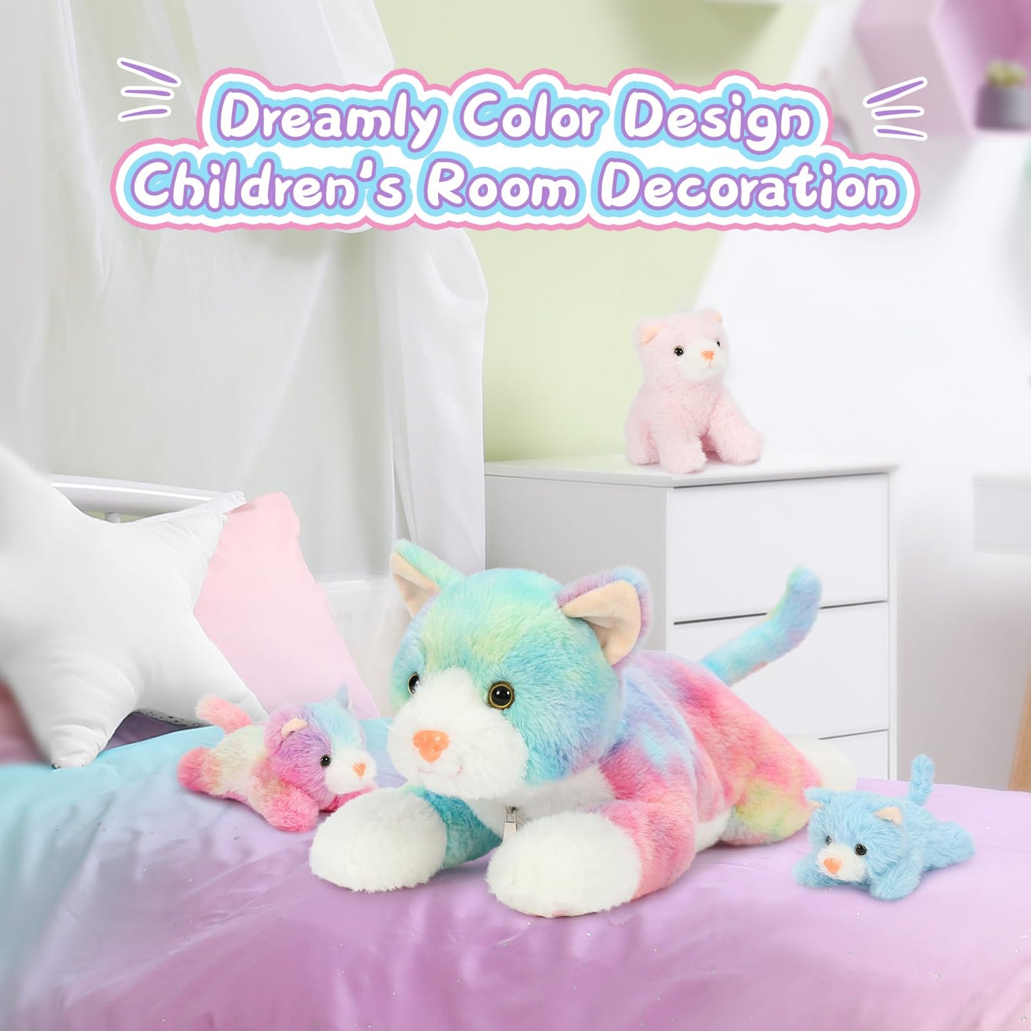 Muiteiur 4 Piece Cats Stuffed Animals, 15.7 Inch Mom Plush Cat With 3 Kittens Stuffed In Zipper Pouch, Cute Rainbow Mom And Baby