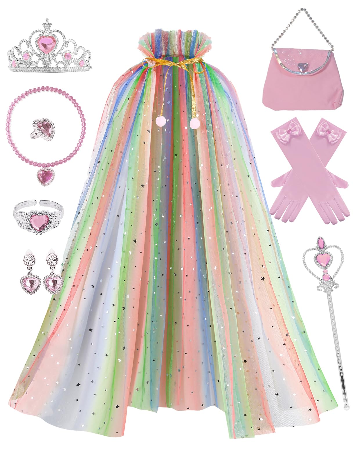 Sabbenia Princess Cape Set For Little Girl Dress Up,11Pcs Princess Cape Cosplay Christmas Halloween Birthday Gift 3-8Y (Rainbow)