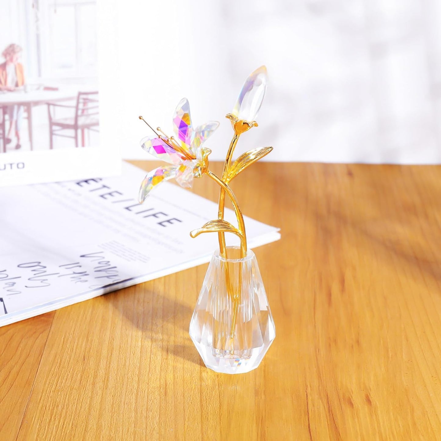 Clear Crystal Lily Flower Figurine With Stems - Handmade Collectible Statue For Decoration Mothers Day Centerpiece Valentines Day Bridal Shower Gift