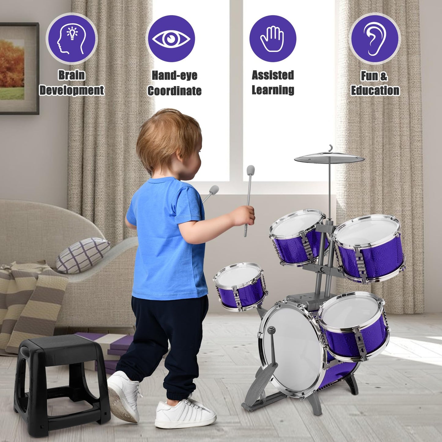 Kids Jazz Drum Set Rock Kit Toys For 3-7 Year Olds - 5 Piece Toddler Band Musical Instrument Educational Percussion Birthday Pla