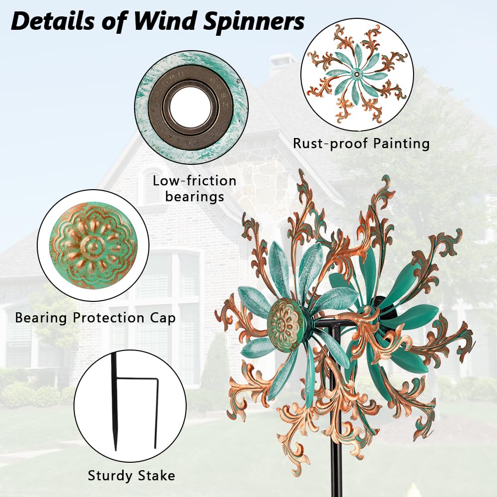 Viveta Wind Spinners Outdoor, Metal Wind Sculptures For Yard And Garden,13 * 57 ''Double Windmill With Stable Stake