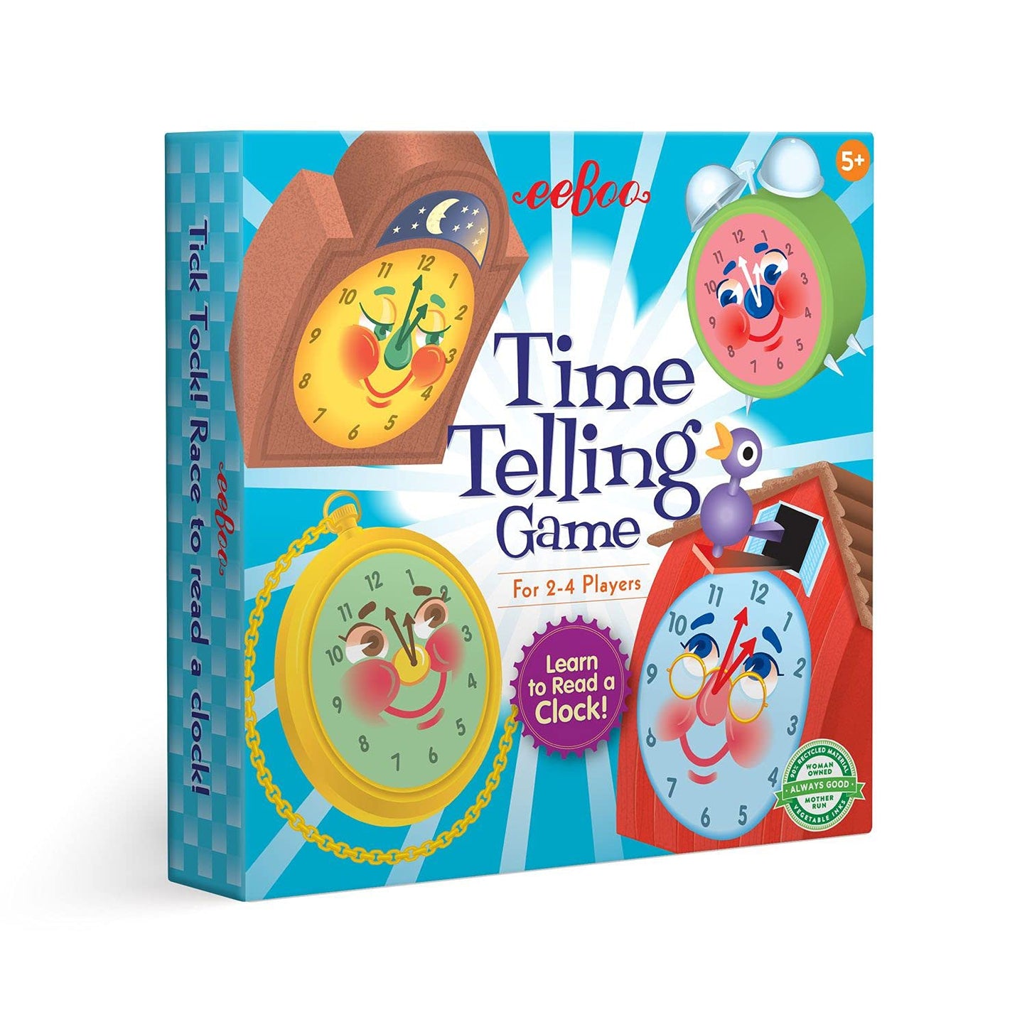 Eeboo: Time Telling Game, Develops Time Telling Skills, Learn To Read A Clock, Includes A Score Pad, 4 Clocks, And 50 Game Cards, For 2 To 4 Players, Perfect For Ages 5 And Up