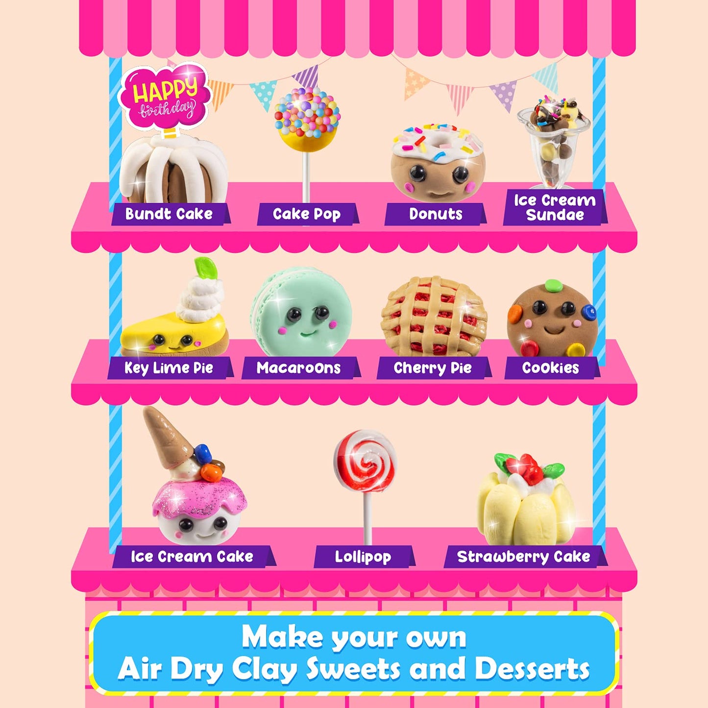 Original Stationery Mini Sweets & Desserts Air Dry Clay Kit, 10 Vibrant Colors Of Air Dry Clay For Kids And Over 30 Pieces In This Diy Kit To Make Miniature Clay Food With Modeling Clay For Sculpting