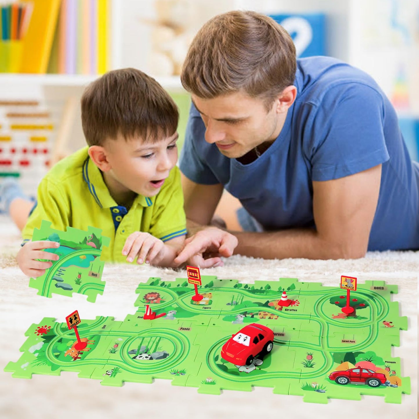 Xazastov Puzzle Track Car Play Set, Plastic Floor Puzzles For Kids With Vehicles, 2 3 4 5 6 Year Oold Boy Toys Gift, Toys For 2