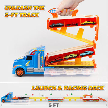 Joyin Toy Truck For Kids,5-Ft Race Track And 12 Die-Cast Metal Toy Cars, Racing Car With Lights & Sounds, Carrier Truck Playset