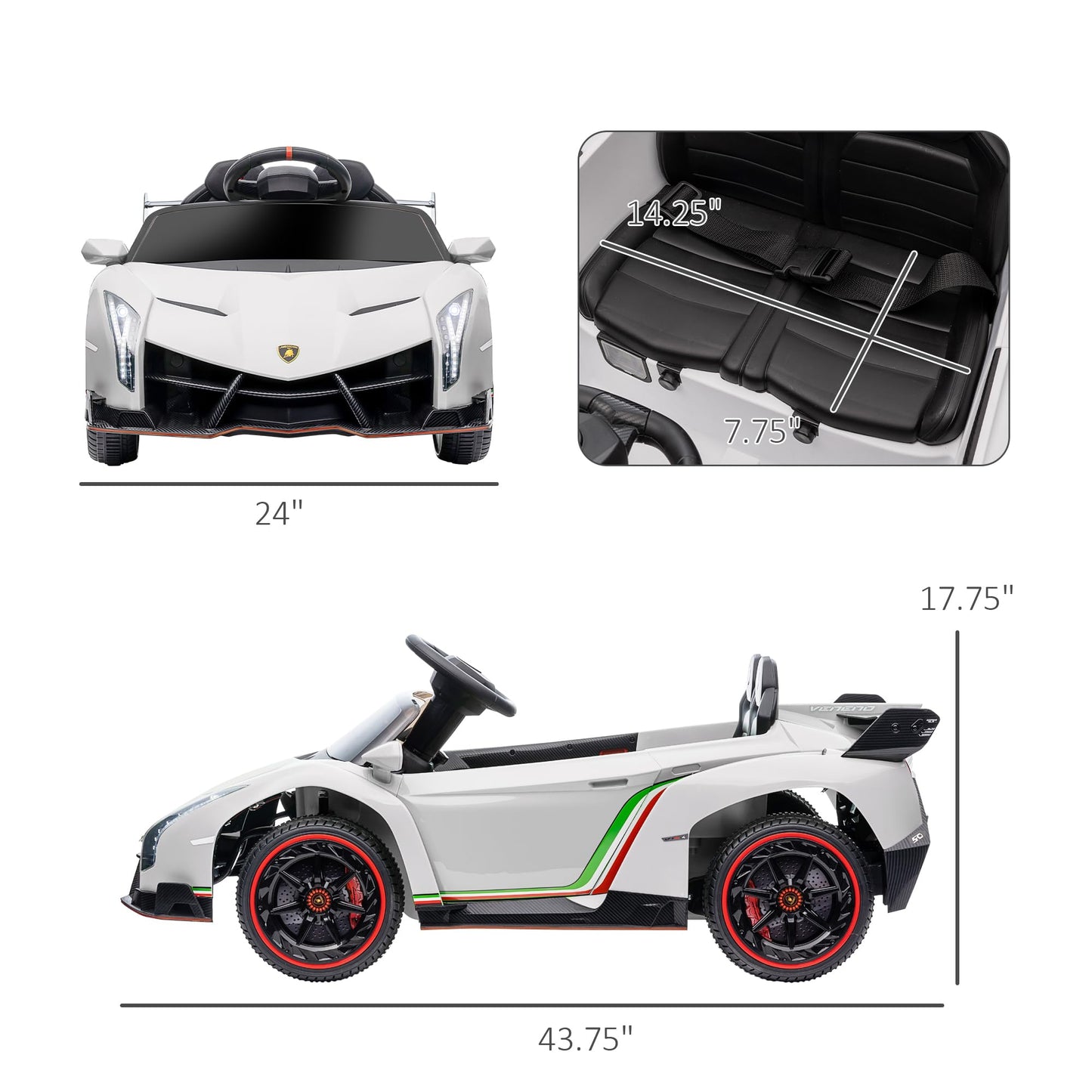 Aosom Lamborghini Veneno Licensed Kids Electric Car With Bluetooth, 12V Ride On Car With Butterfly Doors, Remote Control, Portable Battery, Suspension System, Horn, Songs, Lights, White