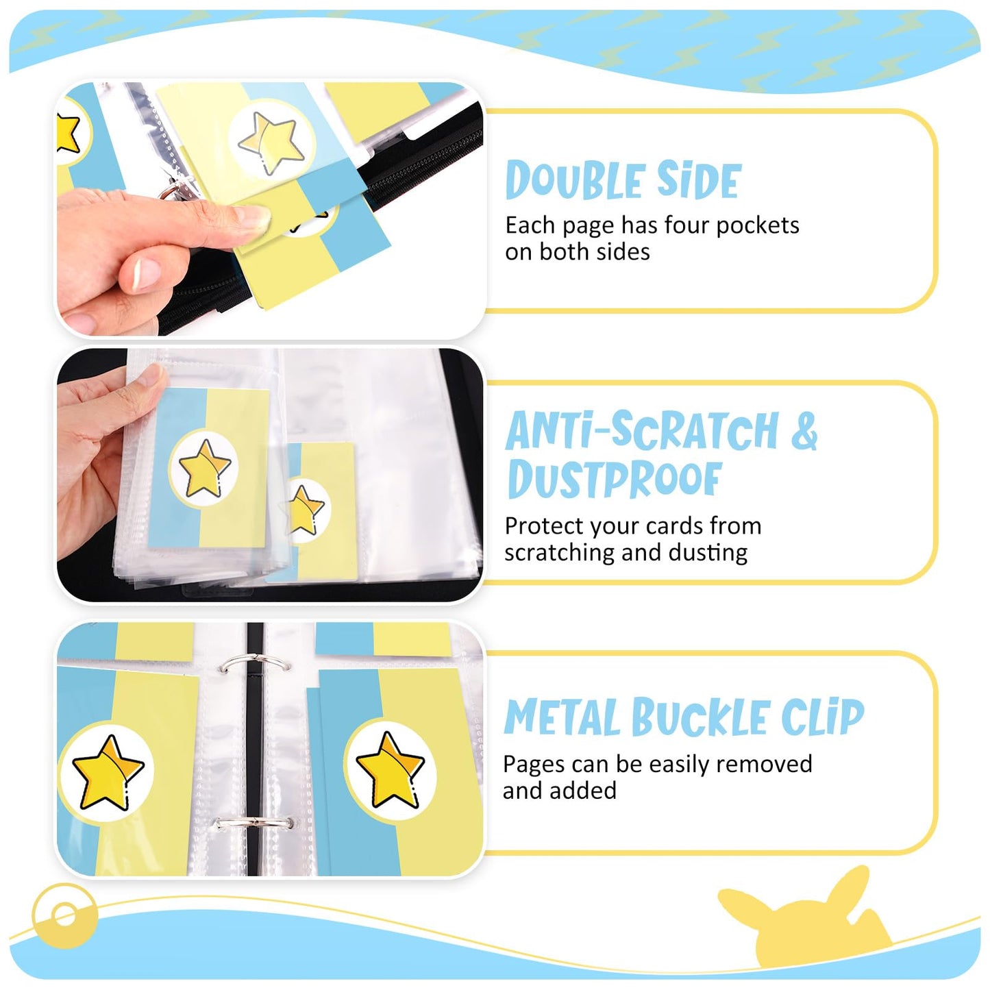 Card Binder 4-Pockets, 400 Pockets Card Holder With 50 Removable Sleeves, Trading Card Collector Zipper Album Holder, Yellow Blu