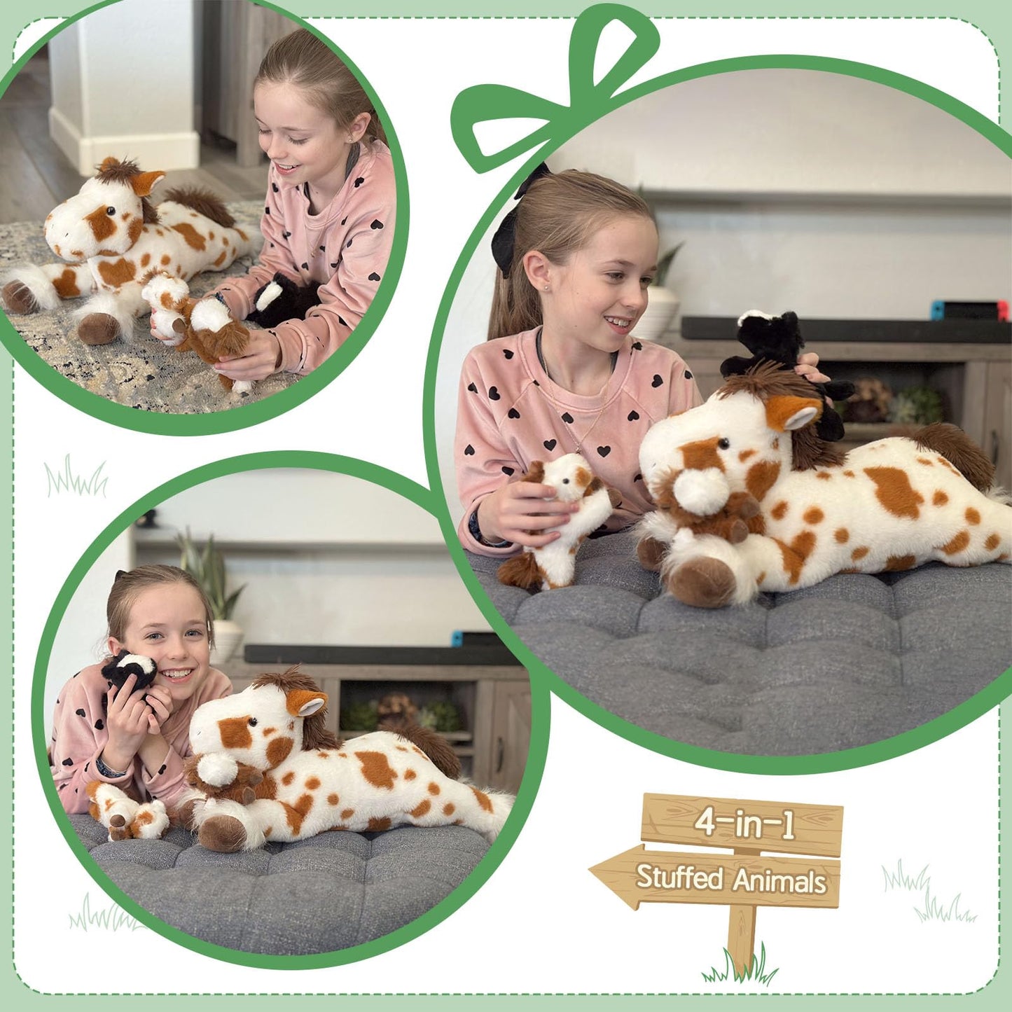 Maogolan 4 Pcs Horse Plush Stuffed Animal, Large Stuffed Mommy Horse With Babies Pony Toys Plushies,Horse Stuffed Animal Bulk Fo