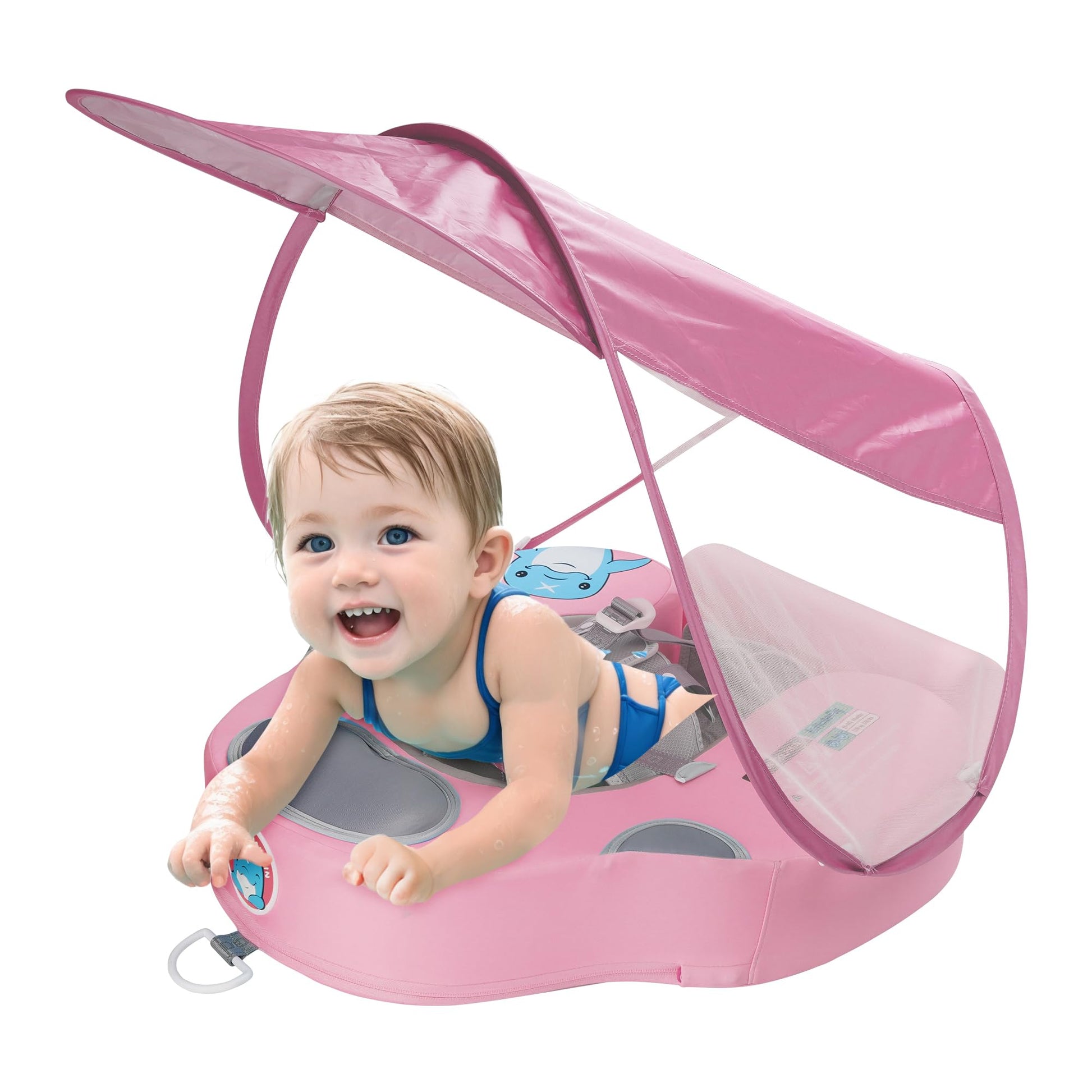 INFLATEFLY Baby Swim Float with Protection Sunshade Infant Pool Float Add Tail for 3-24 Months (Pink)
