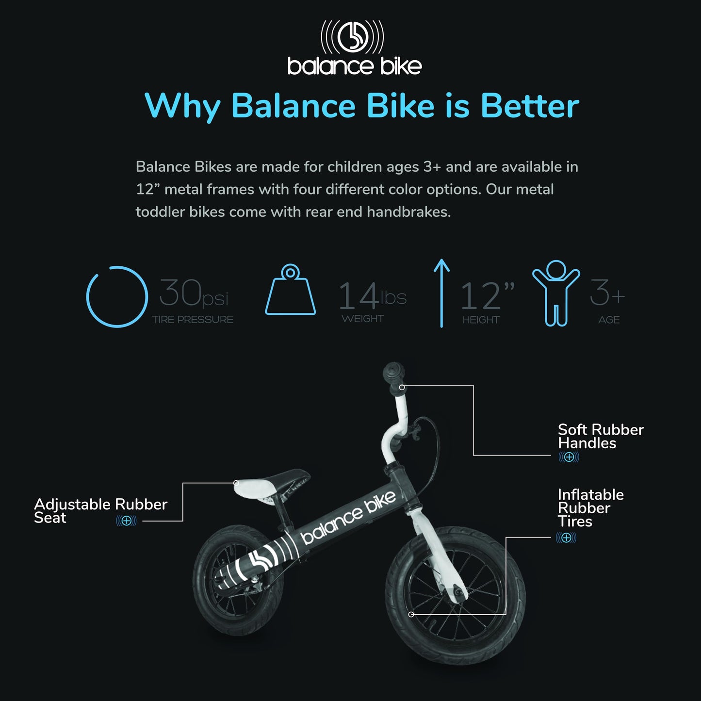 Balance Bike, 12'' Metal Toddler Training Bicycle, White