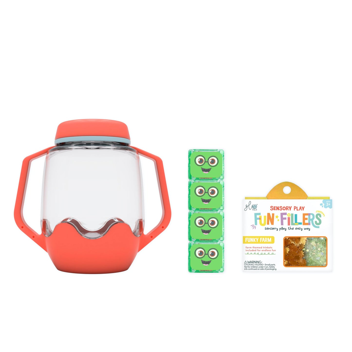 Glo Pals Sensory Play Pack Bundle With Sensory Play Jar, Green Pippa Light-Up Cubes, & Fun Fillers (Barnyard Blast)
