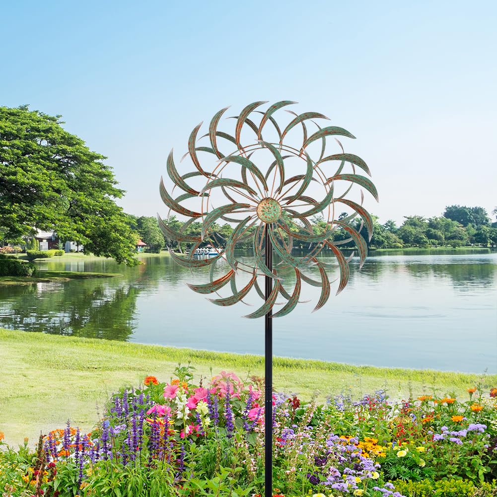 Viveta Large Outdoor Wind Spinner,21 * 85 Inches Metal Wind Sculpture With 4 Sturdy Stakes,Green Double Wind Spinners,Decorative