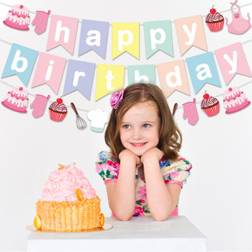 Zwiebeco Birthday Party Decoration Supplies Colorful Pink Happy Birthday Sign Banner Hanging Paper Bake Garland Bunting Banner F
