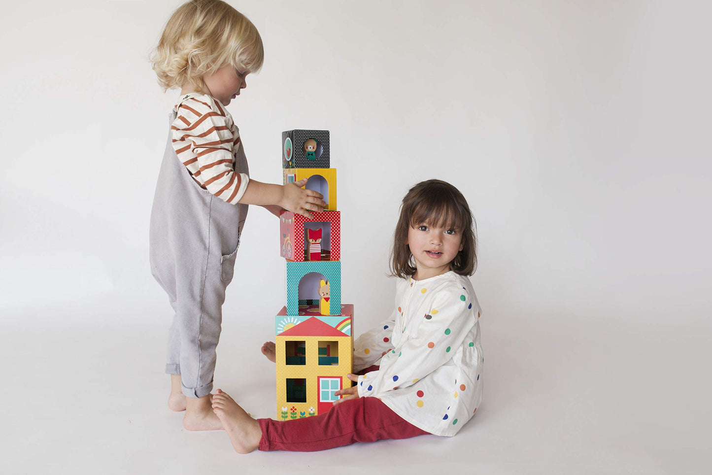 Petit Collage Peek-A-Boo Nesting And Stacking Blocks Playset, Includes 4 Stacking Boxes And 3 Wooden Characters – Easy Storage And Cute Illustrations – Makes A Great Gift Idea