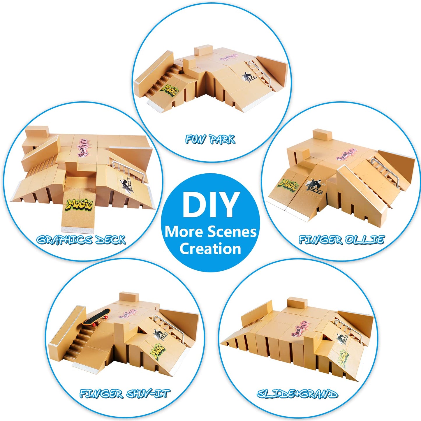 Fingerboard Skate Park Kit Skateboard Finger Toys with 3 Finger Skateboards & 8 Skatepark Deck Ramp for Boys or Girls Gift Mini Finger Board Skate Training for Kids Ages 5 and up