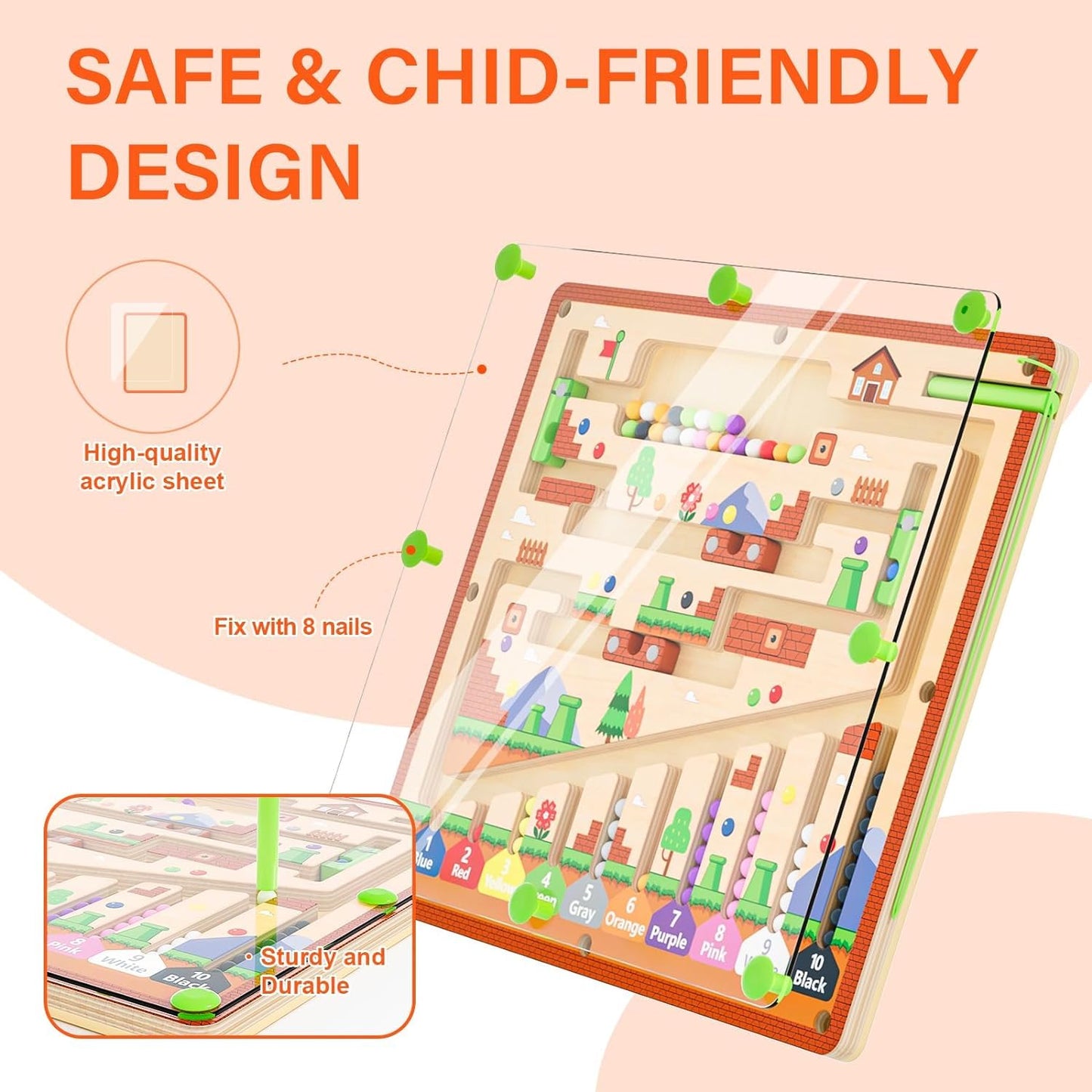 zhiwuzhu Montessori Wooden Color Matching Learning Counting Puzzle Board, Magnetic Color and Number Maze for Ages 2-4,Toddler Fi