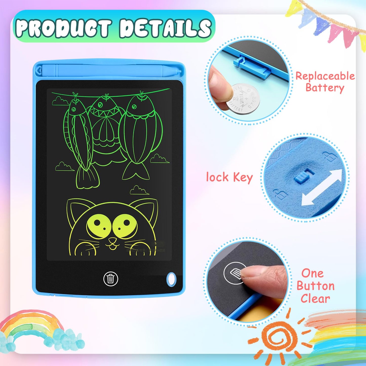 12 Pack LCD Writing Tablet for Kids 6.5 inch, Colorful Drawing Board with One-Click Erase, Lock, and Stylus, No Blue-ray Screen,