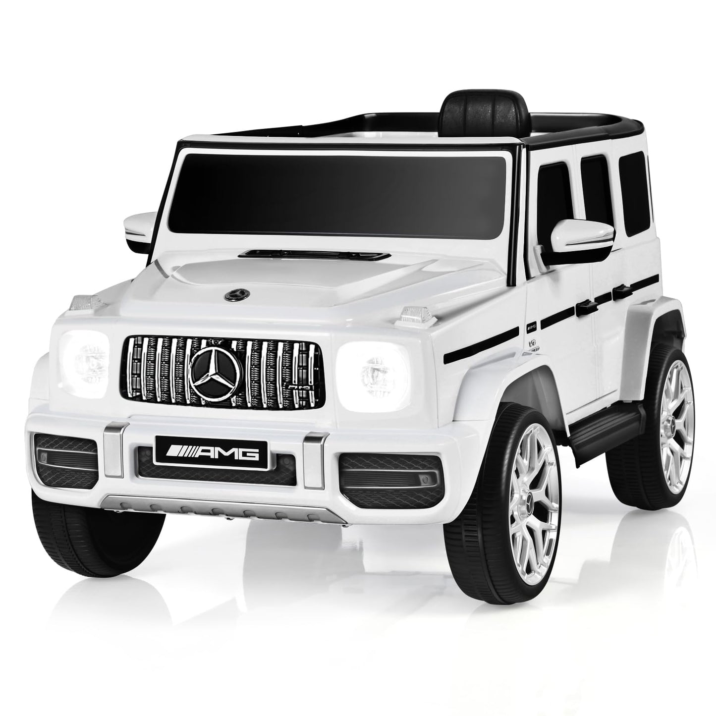 Olakids 12V Kids Ride On Car, Licensed Mercedes Benz G63 Electric Vehicle With Remote Control, Double Open Doors, Music, Bluetooth, 2 Speeds, Wheels Suspension, Battery Powered Driving Toy (White)