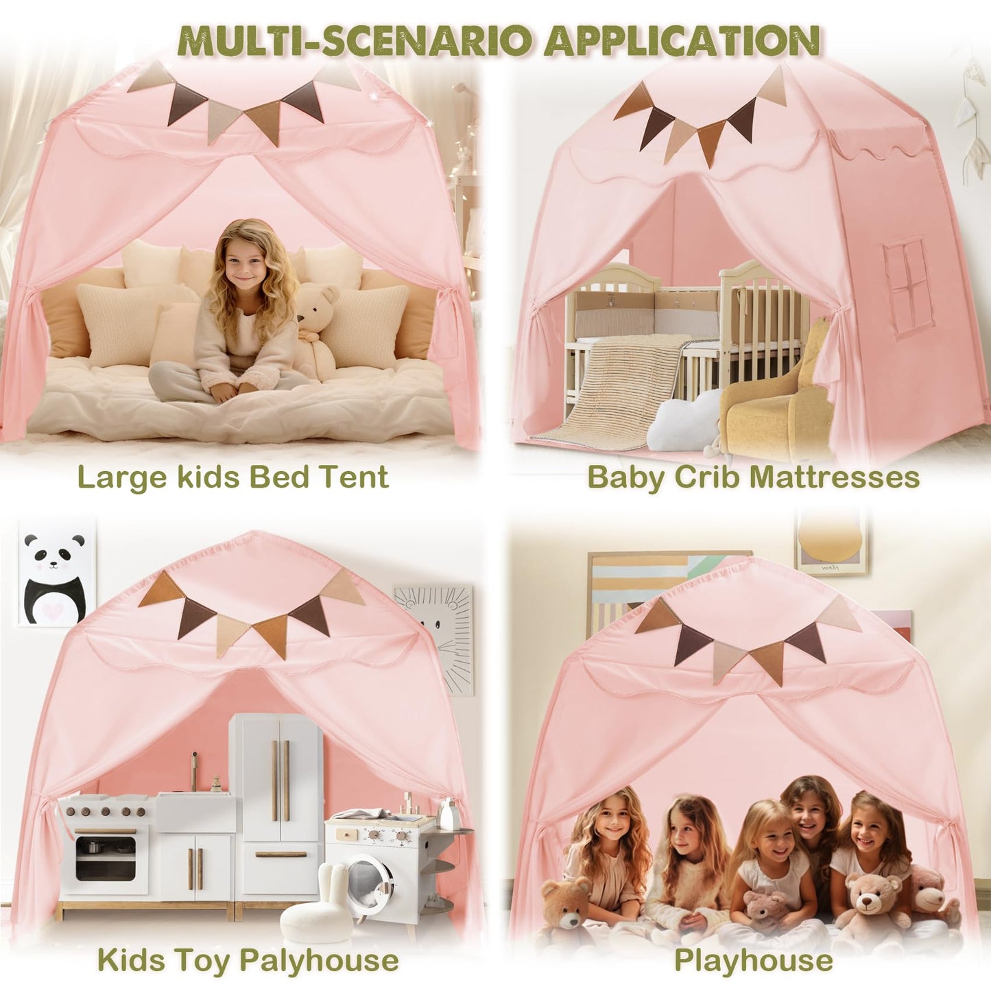 Extra Large Toddler Bed Tent & Kids Play Tent Bed Tent With Flags & Star Lights, Portable & Foldable Teepee, Indoor Outdoor Dome