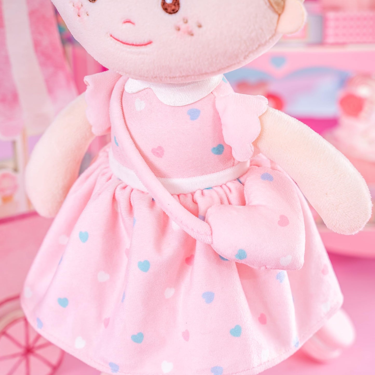 Onetoo First Baby Doll Plush Rag Doll Soft Baby Doll Girls Sleeping Cuddle Buddy Doll Wear Pink Dress 14'