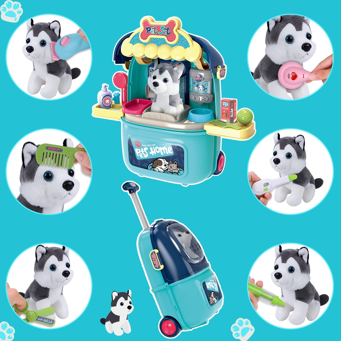MAGIC4U Pet Cat Care Carrier Suitcase Toy, 29PCS Vet Clinic and Doctor Kit for Kids, Pet Dog Grooming Feeding Toys Veterinarian