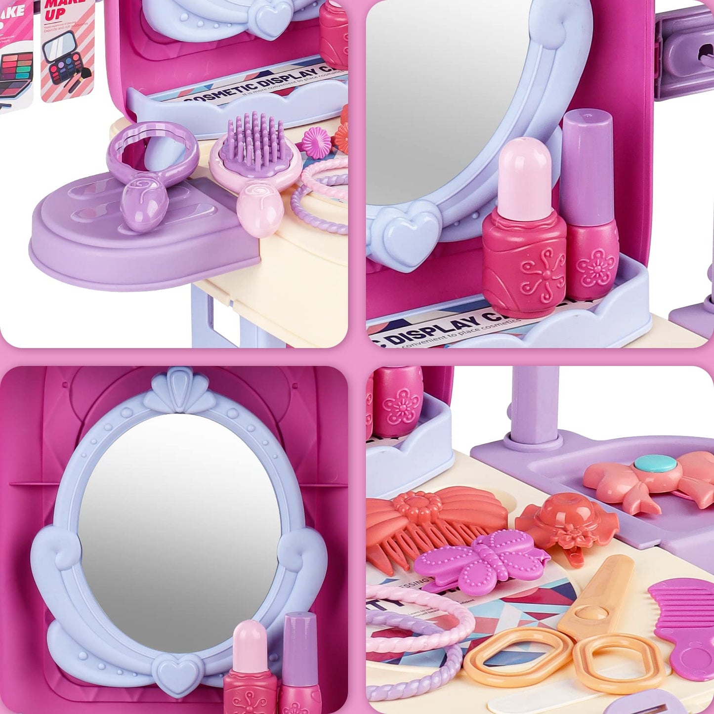 Deao 2 In 1 Makeup Table For Toddler Girls Vanity & Suitcase Set With Fashion Accessories Pretend Play Travel Suitcase Fashion B