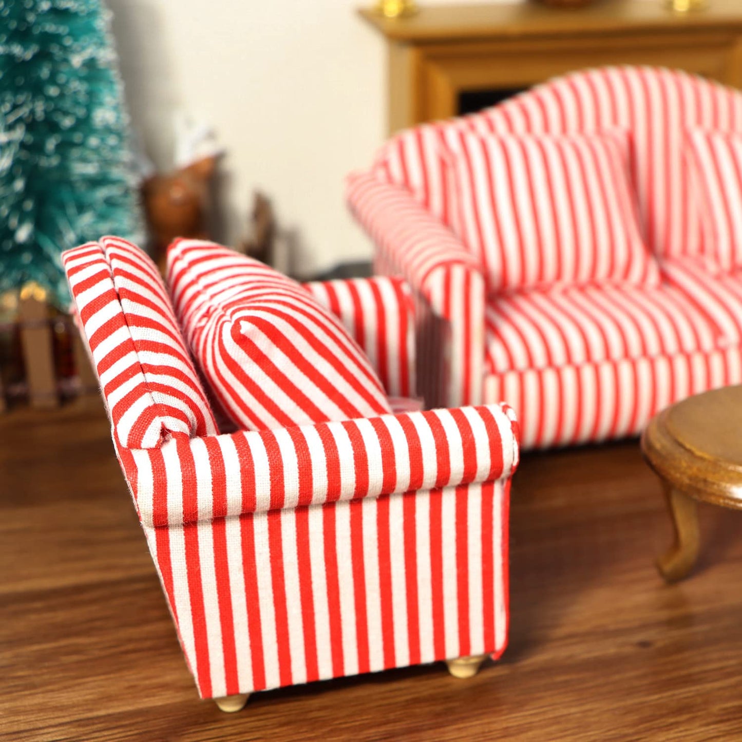 Dollhouse Couch With Pillow 1 12 Scale Miniature Sofa Arm Chair Living Room Furniture Wooden Fabric Frame Single Reading Chair Artificial House Room Scene Decoration (Stripe)