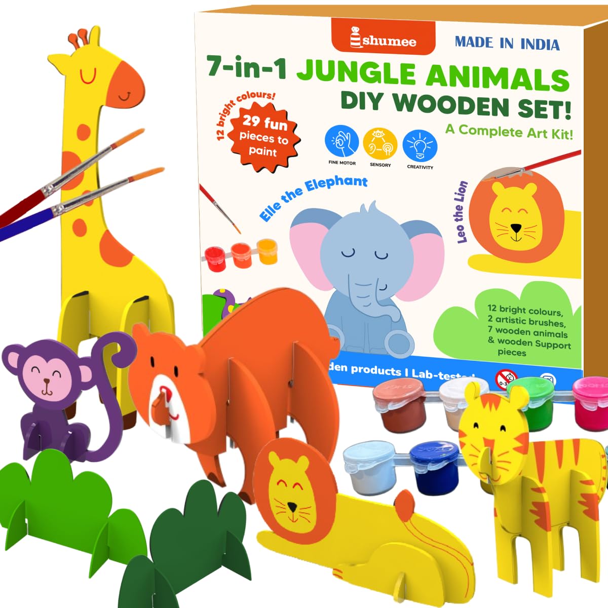 Shumee 3D Wooden Animal Art And Craft Kit | 12 Colours, 2 Brushes, 7 Animals & Wooden Support Pieces | (3 Years+) | Kids Fun Act