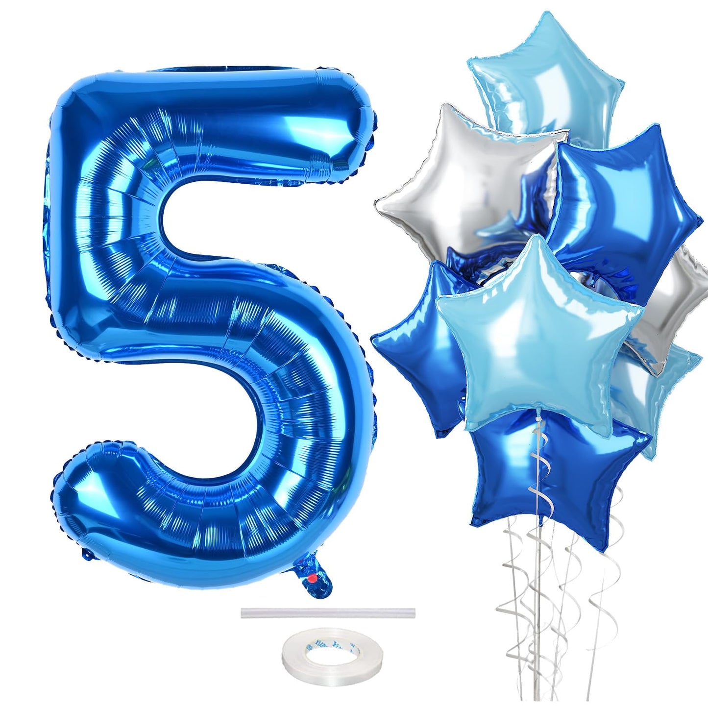 5Th Birthday Balloon For Boys, Big Self Inflating Dark Light Blue Silver Star Number 5 Balloons Decor, 40 Inch Royal Pastel Baby