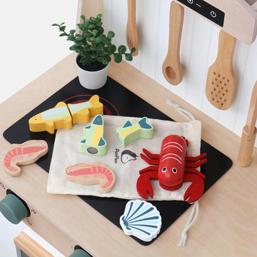 Pairpear Wooden Play Food Cutting Seafood Set - Toddlers Wooden Toy Food Pretend Play Kitchen Accessories For 3 Years Old Boys G