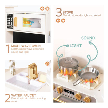 Large Wooden Corner Play Kitchen Sets With Ice Maker,Water Dispenser,Bread Maker,Washing Machine,Electronic Display,Toy Sink Wit