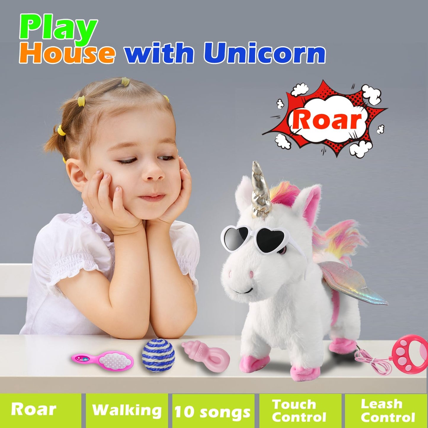 White Walking Unicorn Toy Set Singing Dancing Electronic Plush Unicorn With Control Leash, Realistic Footsteps Nodding Tail Wagging Pretend Dress Up Cute Wings Animated Stuffed Unicorn Gift For Girl