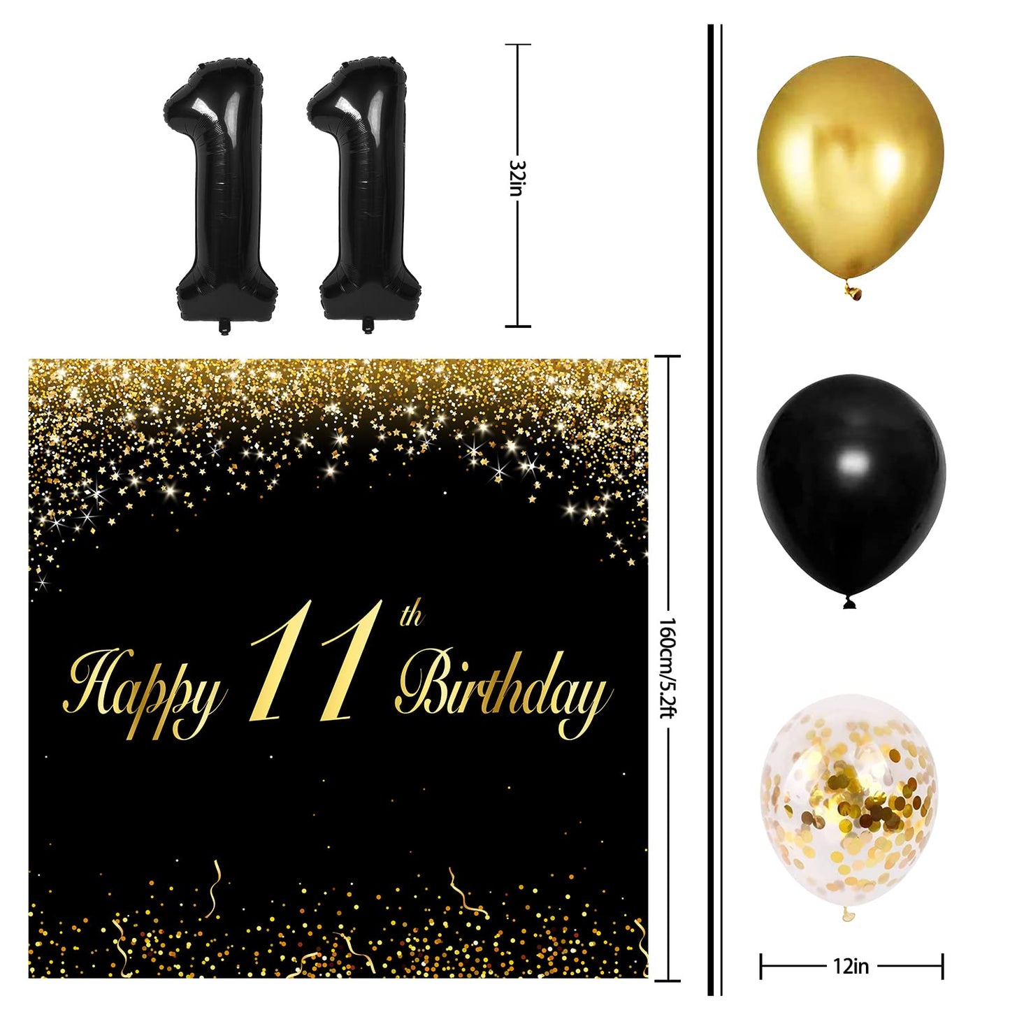 Happy 11Th Birthday Balloons Black Set Decor - Cheers To 11 Years Old Party Theme Garland Banner Backdrop Decorations For Boy An
