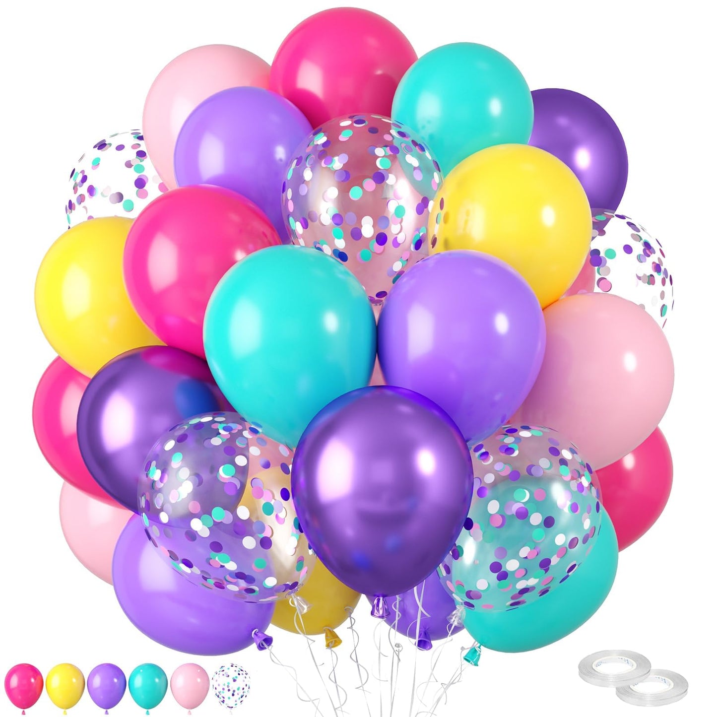 Pink Blue Purple Balloons,60 Pcs 12 Inches Rose Red Pink Purple Teal Yellow Metallic Purple Balloons Confetti Balloons For Kids
