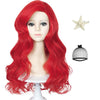 Mermaid Wigs For Kids Girls 21-Inch Long Red Curly Kid'S Mermaid Wig Wave Wigs With Starfish Hairclip & Hair Net For Halloween C