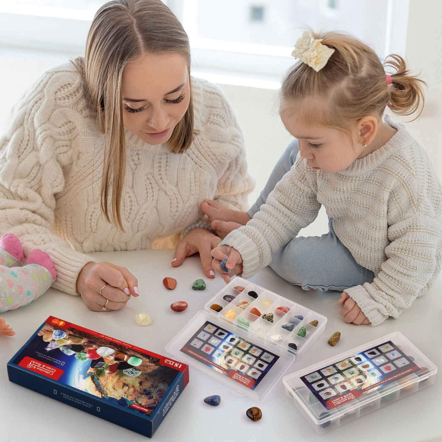 Smartyeen 18Pcs Rock Collection For Kids,Gemstones & Rocks Set With Educational Information Sheet And Display Case Science Gift For Boys Girls