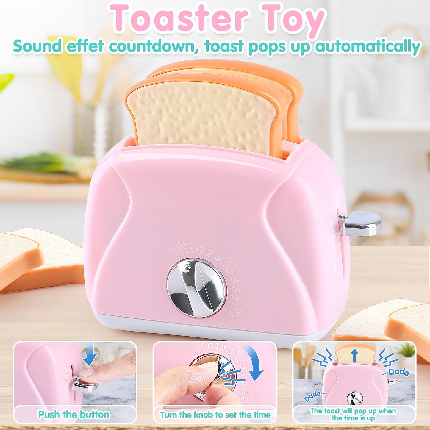 Play Kitchen Appliances Toys - Kids Kitchen Playset Accessories, Pretend Play Toy Sets with Coffee Maker, Mixer, Toaster with Re