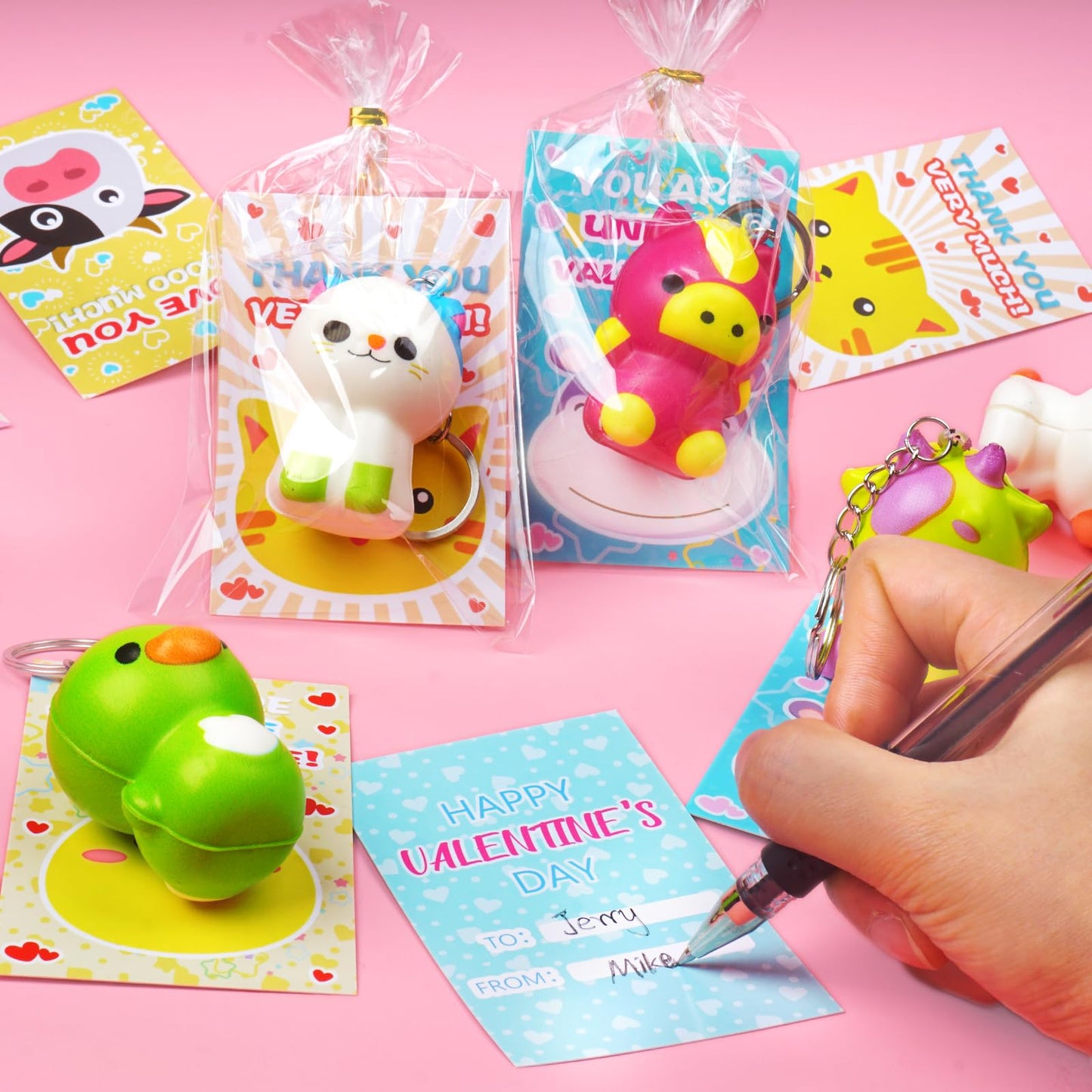 digi Valentines Day Gifts for Kids, 28 PCS Animal Squishy Toys Keychains with Valentines Day Cards, Valentines Day Classroom Exc