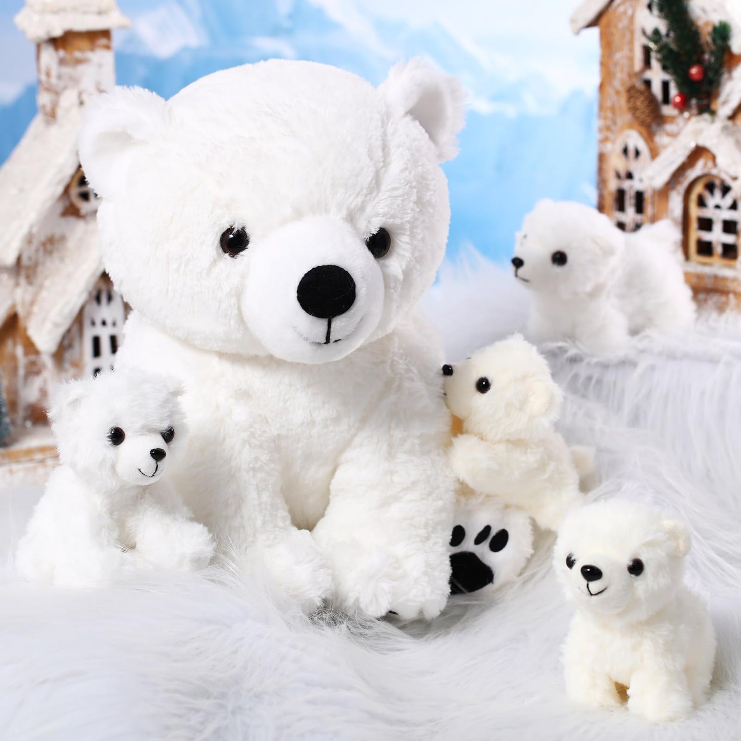 Leitee 5 Pcs Polar Bear Plush Set Large Mommy Polar Bear Stuffed Animal With 4 Cuddly Baby Plushies In Belly For Boys Girls Birthday Winter Holiday Decor Gifts(Sitting)