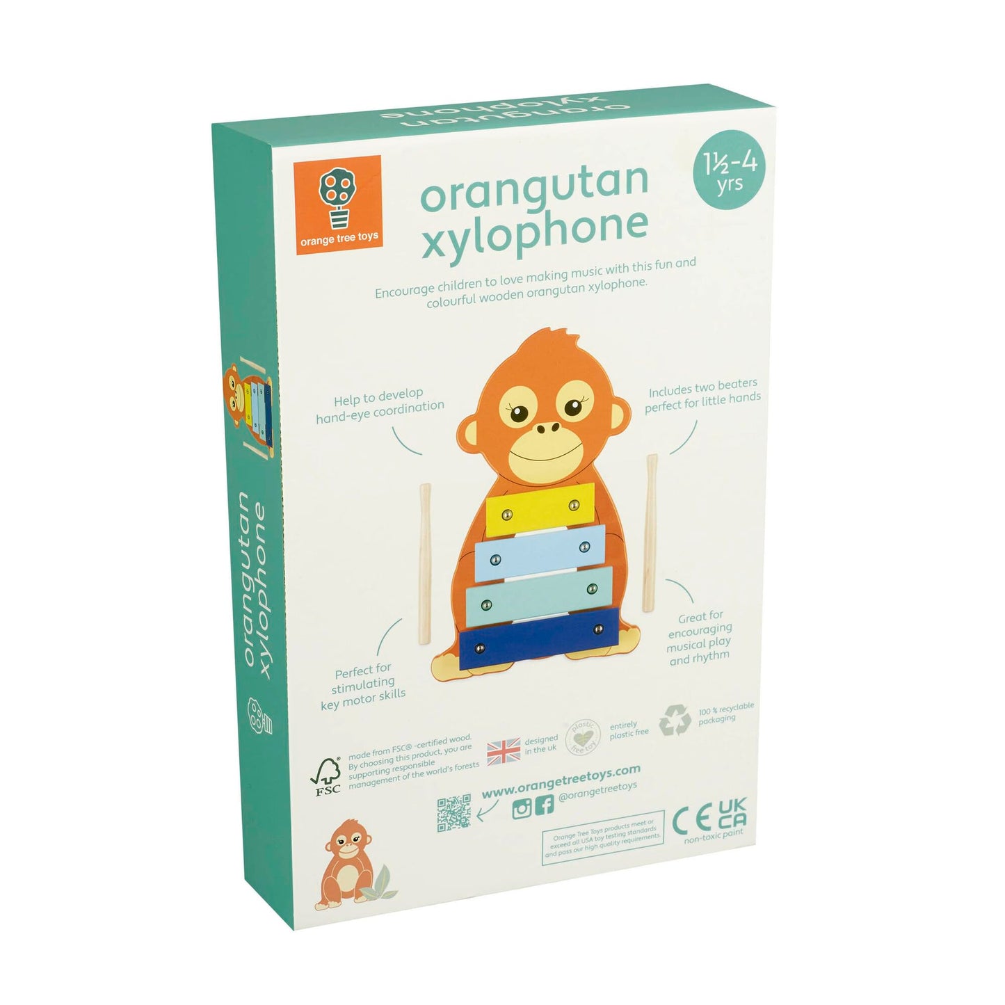 Orange Tree Toys: Xylophone: Orangutan - Wooden Musical Instrument Toy W/ 2 Drumsticks, Animal Shaped, Developmental Toy, Toddle