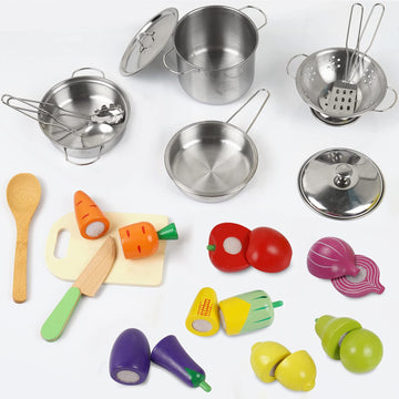 Sundaymot Play Kitchen Accessories, Wooden Play Food, Cooking Set with Stainless Steel Cookware Pots and Pans Utensils, Apron, C