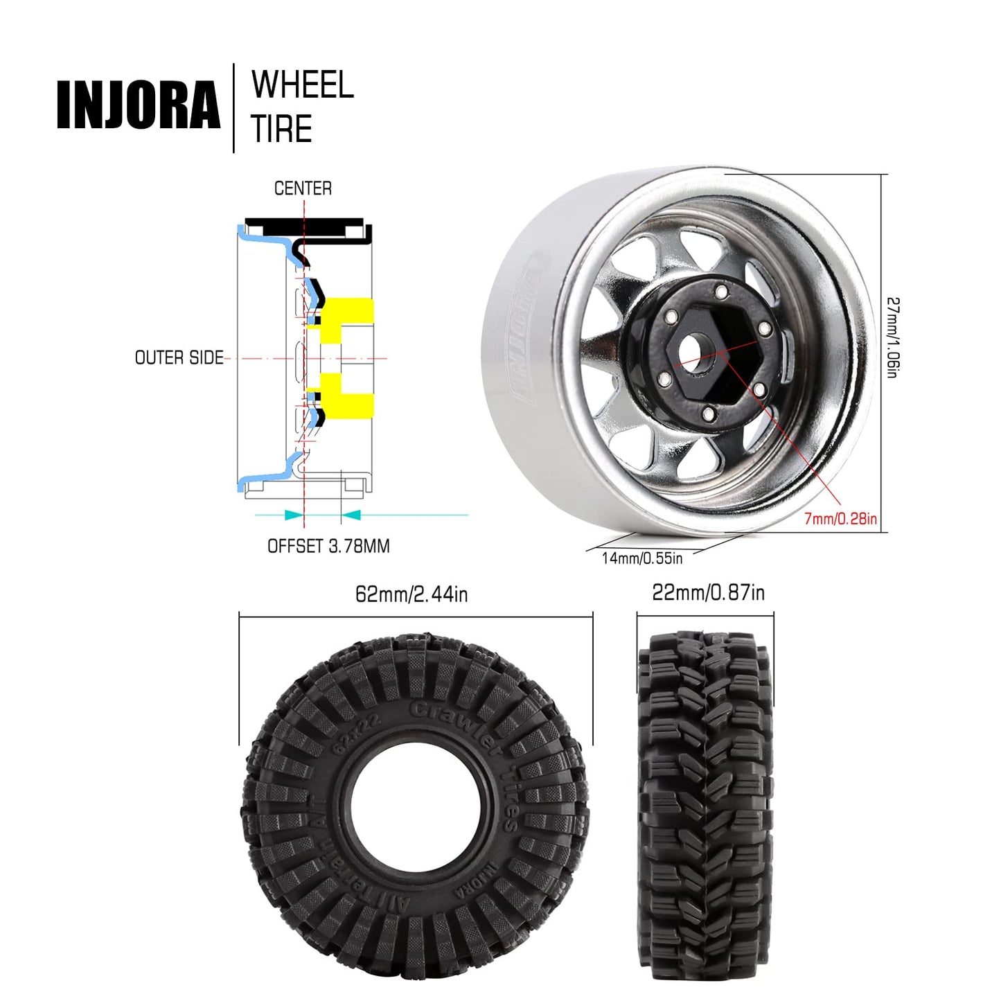 INJORA 1.0 Beadlock Wheel Tires Set -3.78mm Offset Wheel Rims for 1/18 1/24 RC Crawler Car Axial AX24 SCX24 FMS FCX24 TRX4M,Silv